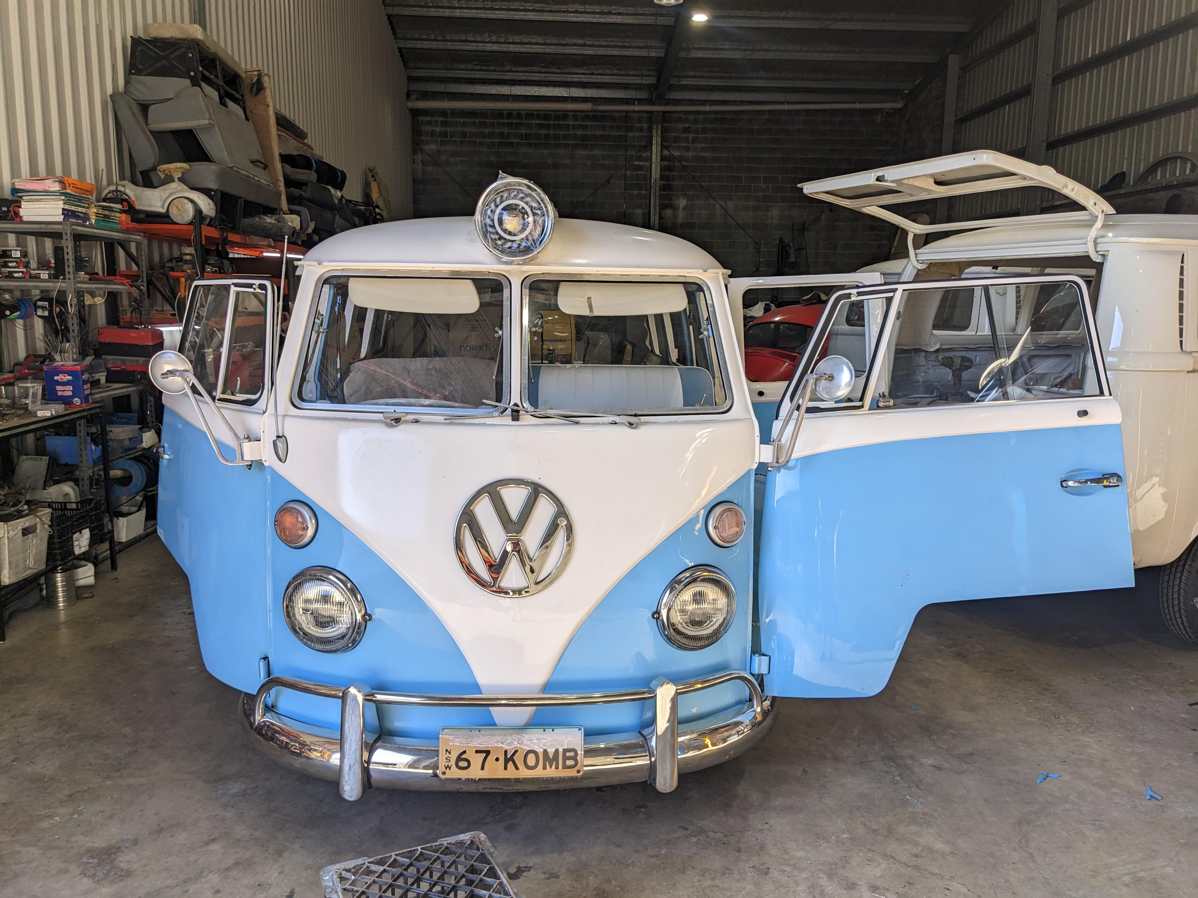 Split Window Kombi in the Shop for Some Rust Repairs and Odd Jobs